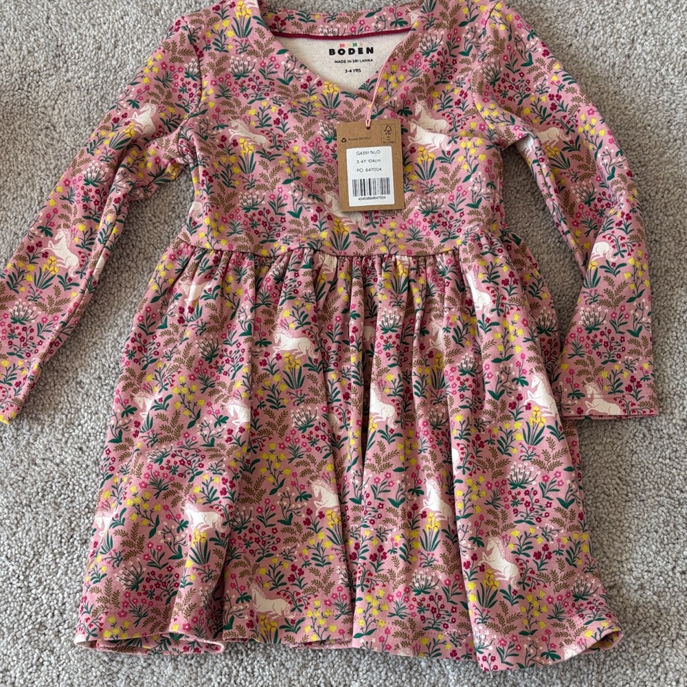 Boden Pink Floral & Unicorn Long-Sleeve Dress
